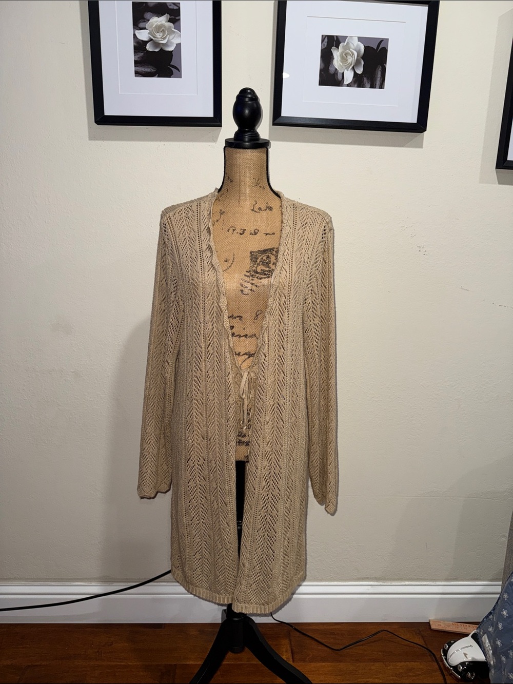 Lane Bryant Beige Open-Knit Long Cardigan